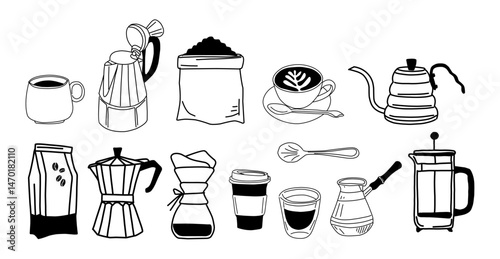 A collection of coffee and tea items, including a coffee pot, a tea kettle, a coffee cup, a tea cup, a spoon, and a bag. vector sketch style hand drawn illustrations isolated on transparent background