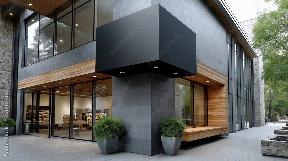 Modern black square signage on wall indicates future shop space in urban area