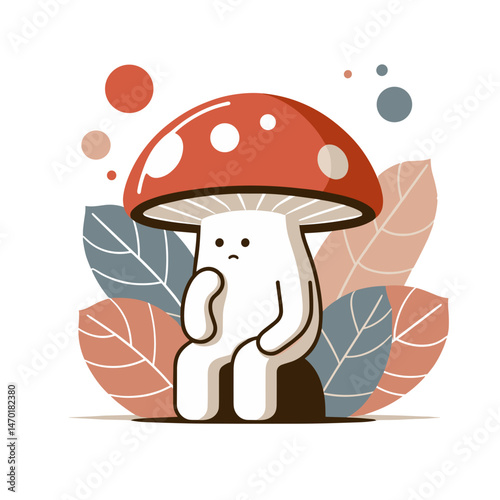 Cute mushroom character sitting thoughtfully among leaves  