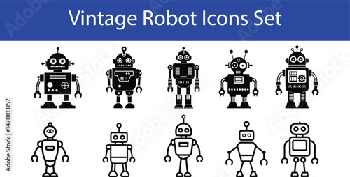 Vintage Robot Icons Set. Retro Black and White Vector Illustrations.