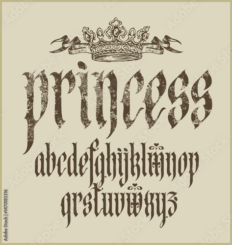 Gothic font. Full set of letters of English alphabet in vintage. Medieval Latin letters. Vector calligraphy and lettering with word Princess and coat of arms with crown.  No AI used