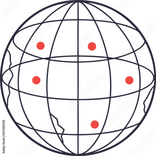 A simple, wireframe globe illustration with highlighted points, suggesting a global network or connections.