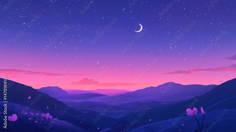 Obraz premium A serene mountain vista at twilight, filled with vibrant colours and a crescent moon