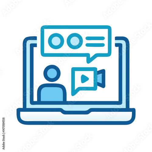 Laptop with Group Video Call Icon – Online Communication and Virtual Meeting Vector Design