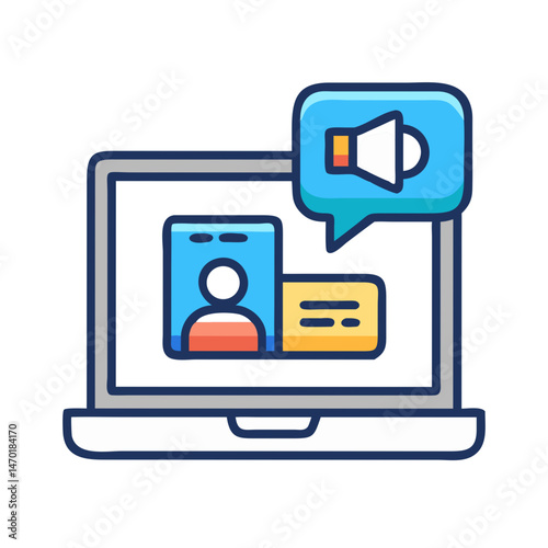Laptop with Group Video Call Icon – Online Communication and Virtual Meeting Vector Design