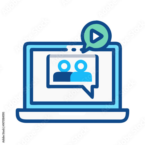 Laptop with Group Video Call Icon – Online Communication and Virtual Meeting Vector Design