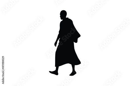 Buddhist monk walking silhouette on white background