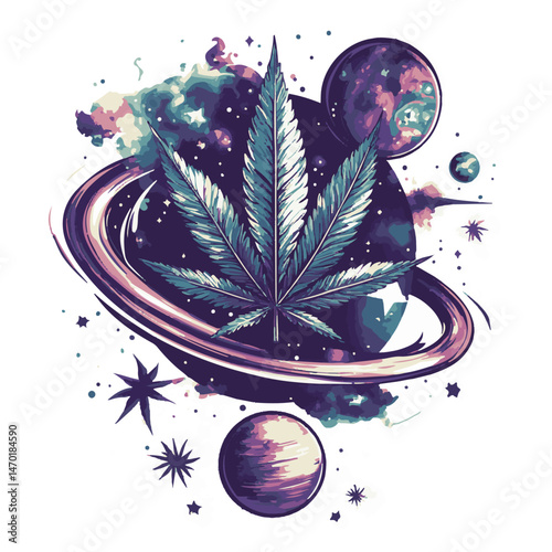 Surreal Cannabis Leaf Amidst Cosmic Planets And Celestial Star Dust Vector Art