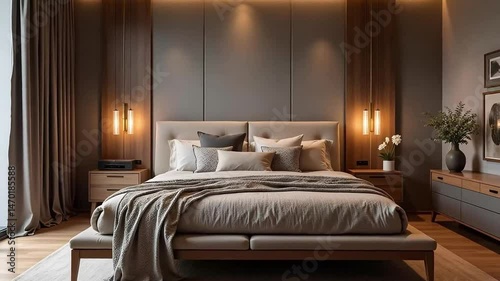 Luxurious Modern Bedroom Design featuring a plush king-size bed warm lighting elegant decor and a stunning view from large windows showcasing sophisticated interior design aesthetics