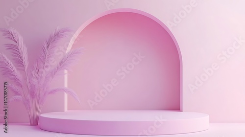 Pink podium with arch, and pampas grass.