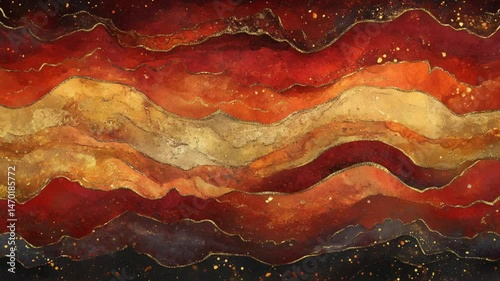 Abstract fiery landscape,  red gold waves, luxury art print,  watercolor texture,  elegant design, fiery sunset,  golden hour,  modern art,  artistic painting