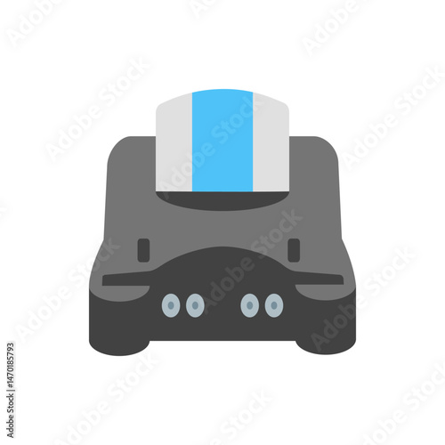 Illustration of a gray and black video game console with a blue and white cartridge inserted on top view
