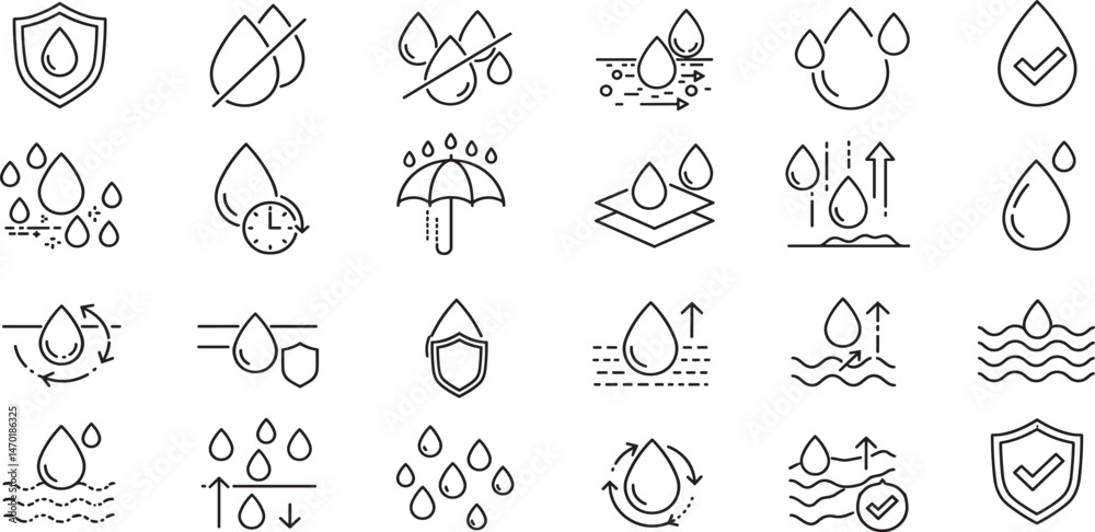 Fototapeta premium Waterproof and repellent surface editable stroke outline icons set isolated on white background flat vector illustration