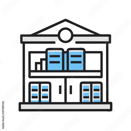 Library Building with Bookshelves Icon – Education and Knowledge Center Vector Design