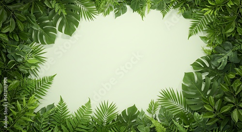 Lush Green Tropical Leaves Bordering a Light Green Surface, Framing Central Copy Space, Ideal for Nature Themes and Fresh Backdrops for Text and Graphics photo