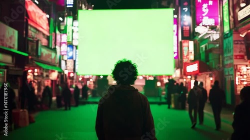 Night in Tokyo: Person Gazing at a Giant Green Screen