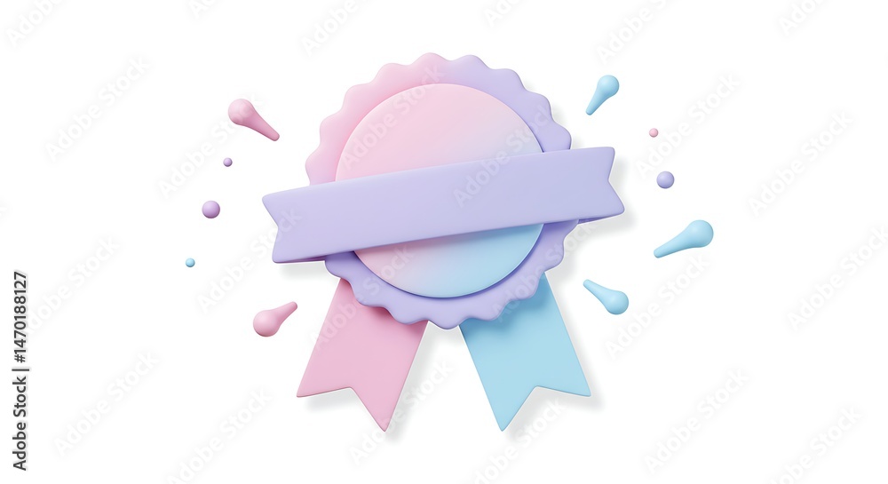 Fototapeta premium A badge style circular banner with ribbon ends and soft shadows, pastel colors, white background 
