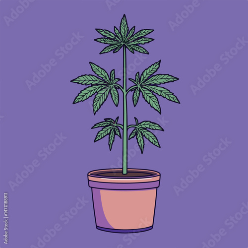 Potted Cannabis Plant Illustration Against Purple Background In Cartoon Style
