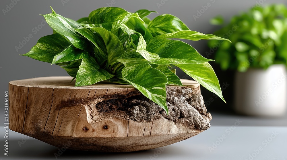 Natural wood pedestal displaying lush green leaves on a soft green background for eco-friendly decor