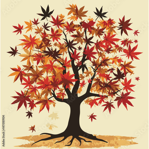 Colorful Autumn Tree Illustration With Red Brown And Orange Leaves Vector