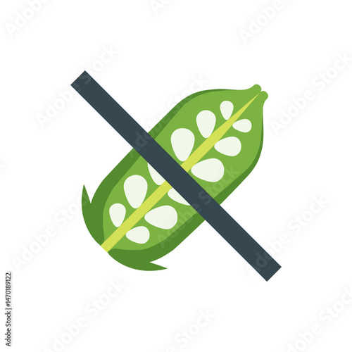 Illustration of a sliced green okra with white seeds crossed out by a dark gray diagonal line design element