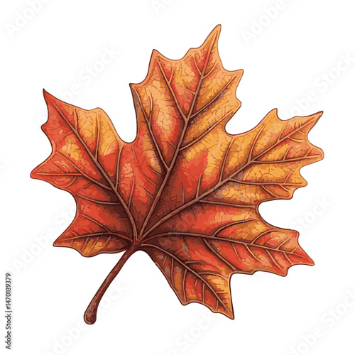 Isolated Illustration Of A Detailed Red And Yellow Maple Leaf On White