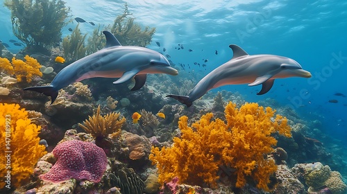 Dolphins swimming coral reef ocean.