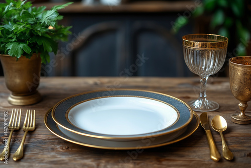 Elegant dining table setting featuring a white plate with gold trim, surrounded by golden cutlery, crystal glassware, and a lush green plant
