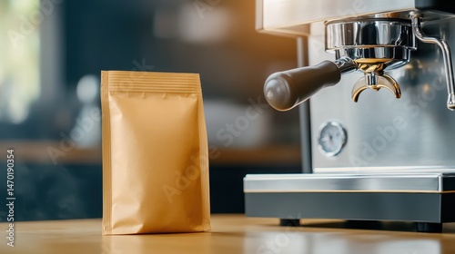 Brown Paper Coffee Bag Near Espresso Machine on Wooden Counter
