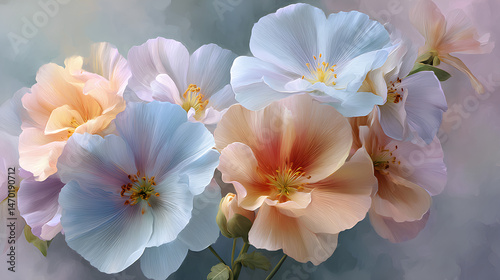 delicate flowers in soft hues of pale blue, peach, and light pink