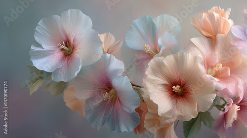 delicate flowers in soft hues of pale blue, peach, and light pink