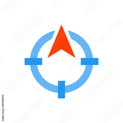 Illustration of a compass with a red arrow pointing upwards surrounded by a blue circle and rectangles