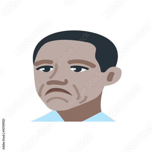 Illustration of a man with dark hair and skin, wearing a blue shirt and expressing sadness or concern
