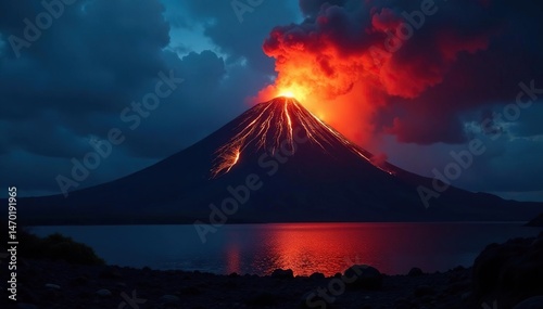 Majestic Hawaiian volcano erupting with fiery lava flow at night Dramatic landscape, volcanic activity , basalt, hot