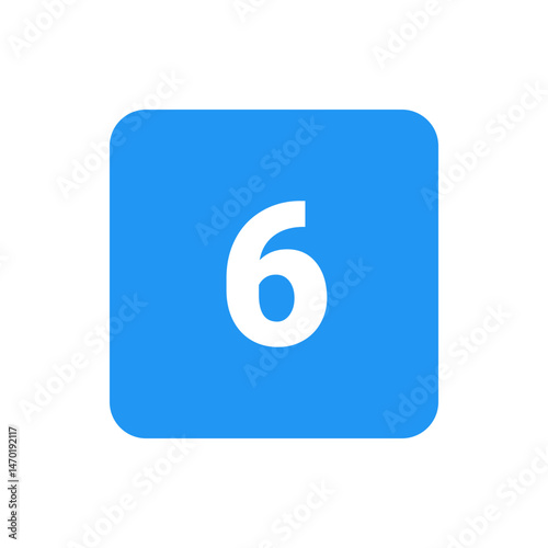 White number six on a blue rounded square representing a numerical value and simple graphic design element