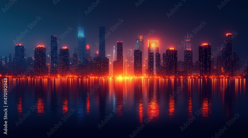 Fototapeta premium Night cityscape, vibrant lights reflecting on water