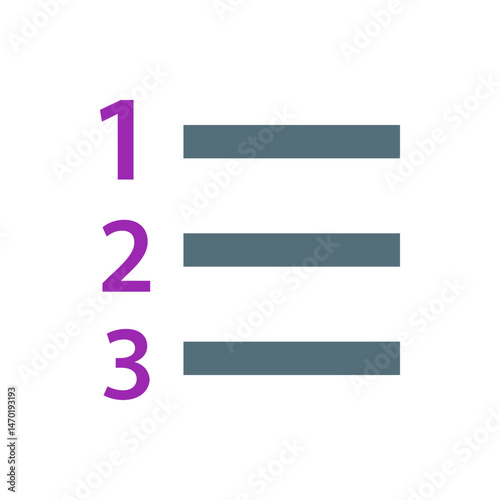 A list with numbers one two and three in purple next to three horizontal gray bars on a white background