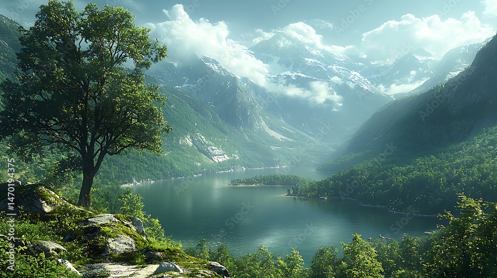 Naklejka premium Lush mountain valley with a tranquil lake and verdant trees.