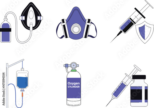 Medical Equipment and Injection Icons for Emergency and Healthcare Use.
