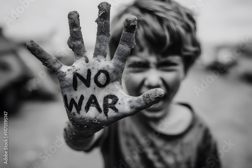 A poignant black and white image of a child with mud-covered hand displaying the words 'NO WAR' symbolizing peace and anti-violence sentiment