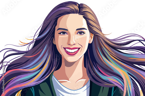 Beautiful smiling young woman with long flowing hair and radiant skin wearing a white top, confidently posing against white isolated background. Perfect for skincare, fashion, wellness, lifestyle