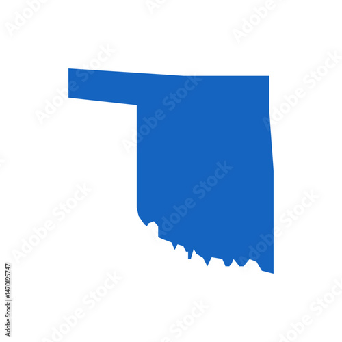 A blue silhouette of oklahoma state map with a white background is displayed in the center of the image