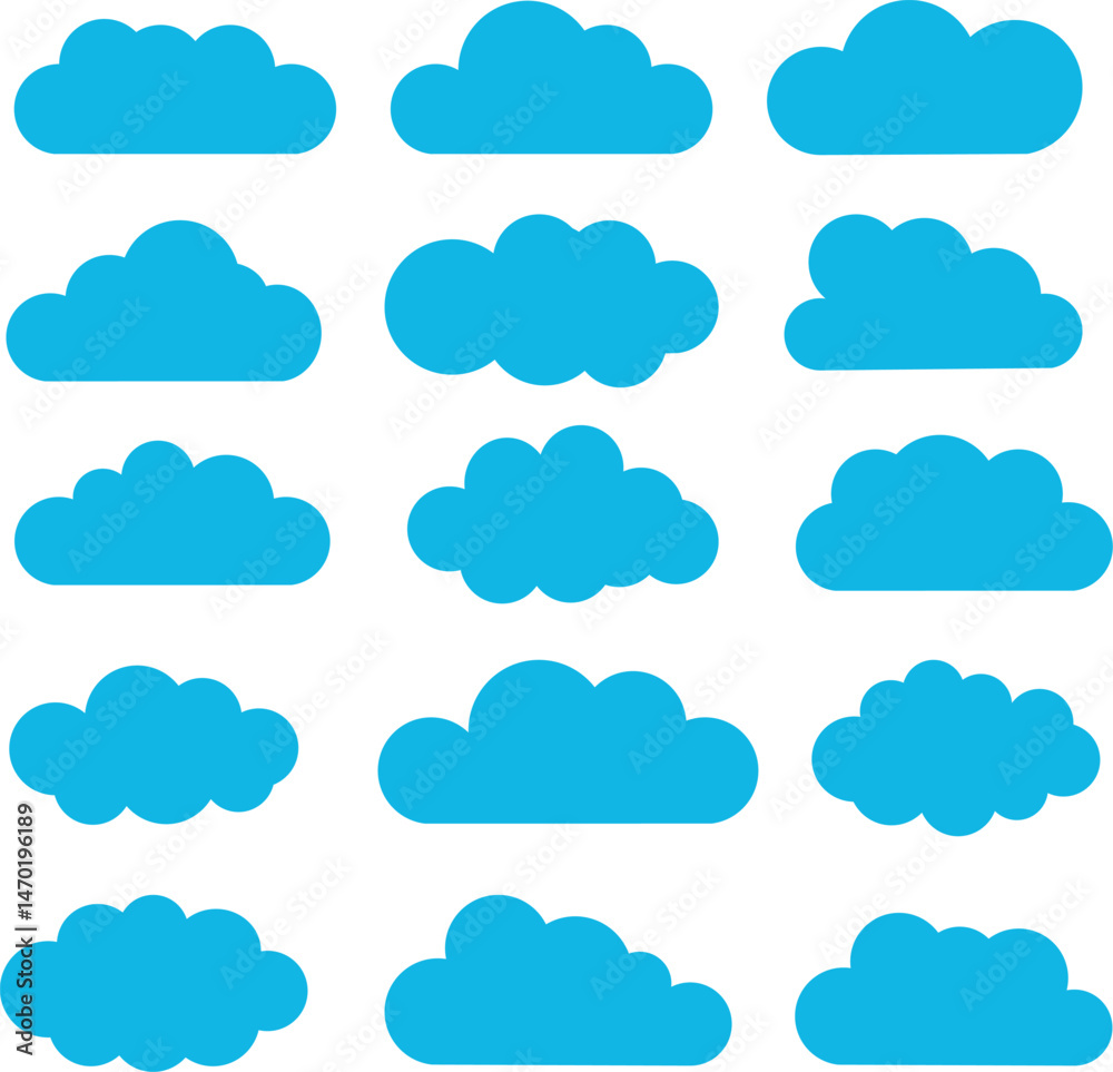 Clouds vector set. Different cloud shapes in blue and white flat background. Clouds vector set. Different cloud shapes in blue and white flat background.