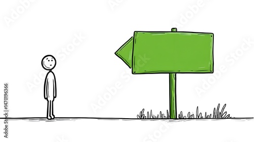 A minimalist drawing of a stick figure standing beside a large green directional sign pointing left with grass at the base on a plain background