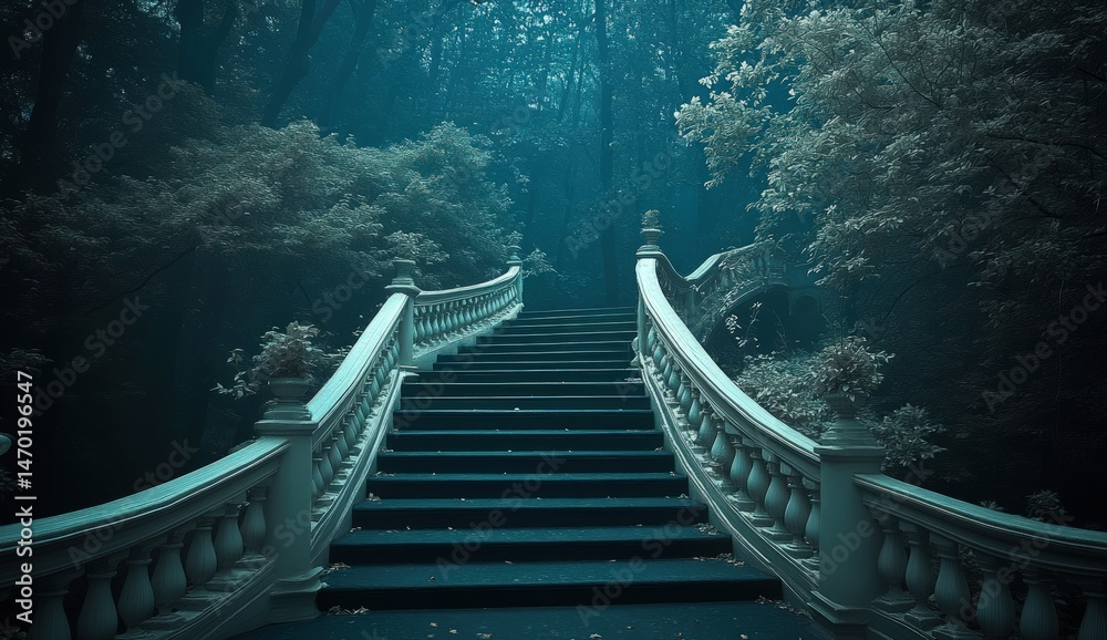 Fototapeta premium Mystical, winding staircase through a misty forest