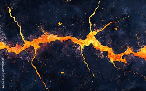 Black and orange lava flow with a lot of fire. The lava is flowing down a crack in the ground