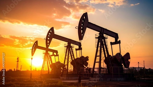 Working Pumpjacks On Sunrise. Silhouette of oil pump jack on rig. Oil drilling company growth. Financial and commodity markets. Ai generative
