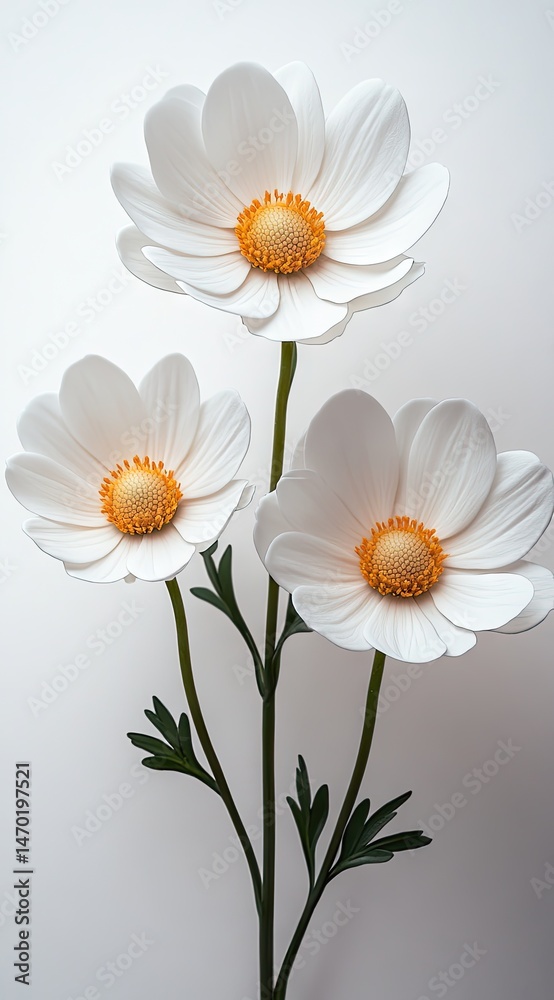 Fototapeta premium Three elegant, white flowers with orange centers, on stems
