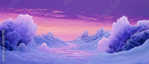 A painting of a frozen landscape with purple clouds in the sky