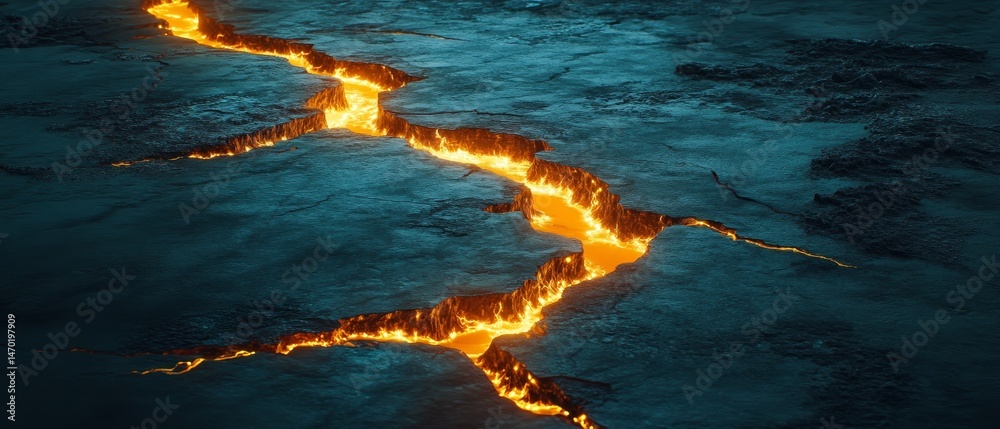 A crack in the ground with lava flowing out of it